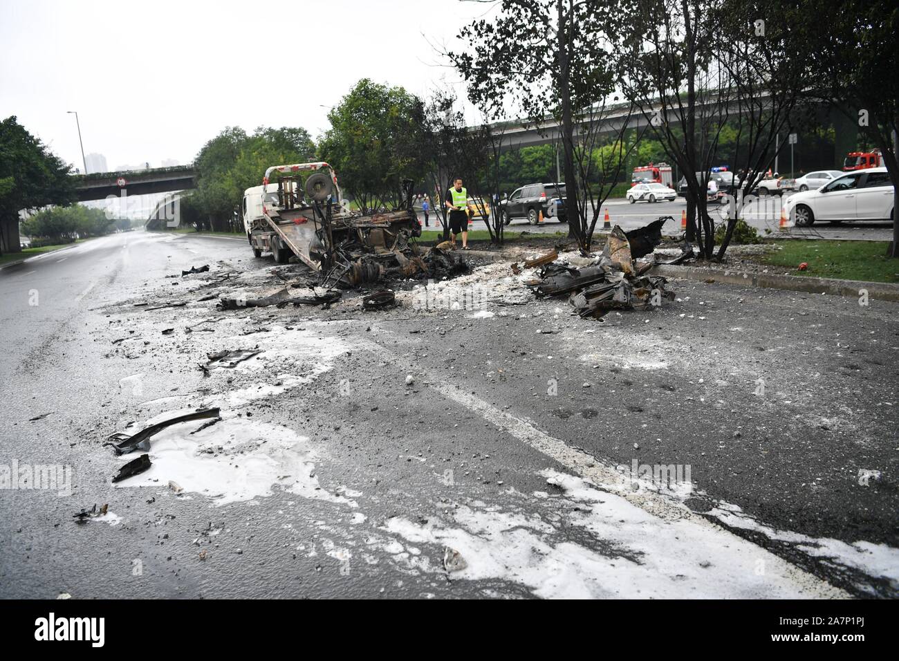 View of debris of the self-igniting car in Chengdu city, southwest China¯s Sichuan province, 5 August 2019.   A car self-ignites itself and explodes i Stock Photo