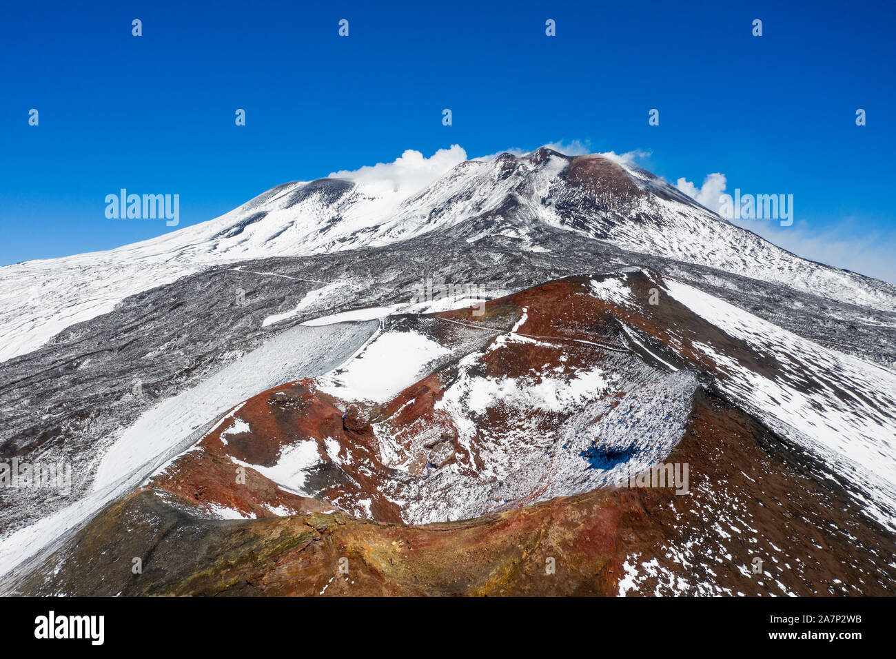Aerial view of the snowy hills of Mount Etna. Sicily Island Italy. Stock Photo