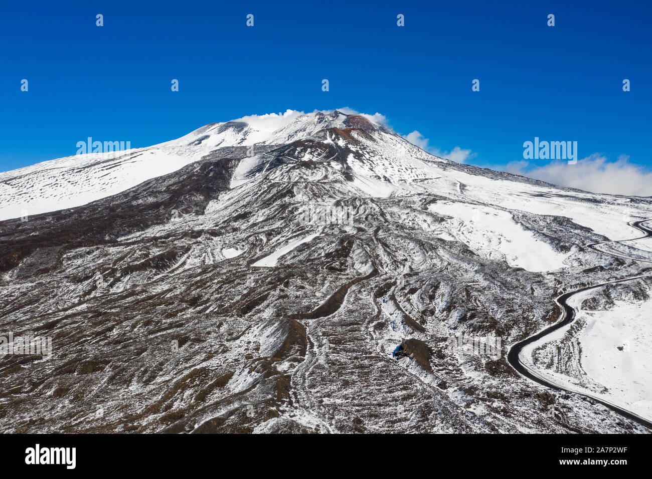 Aerial view of the snowy hills of Mount Etna. Sicily Island Italy. Stock Photo