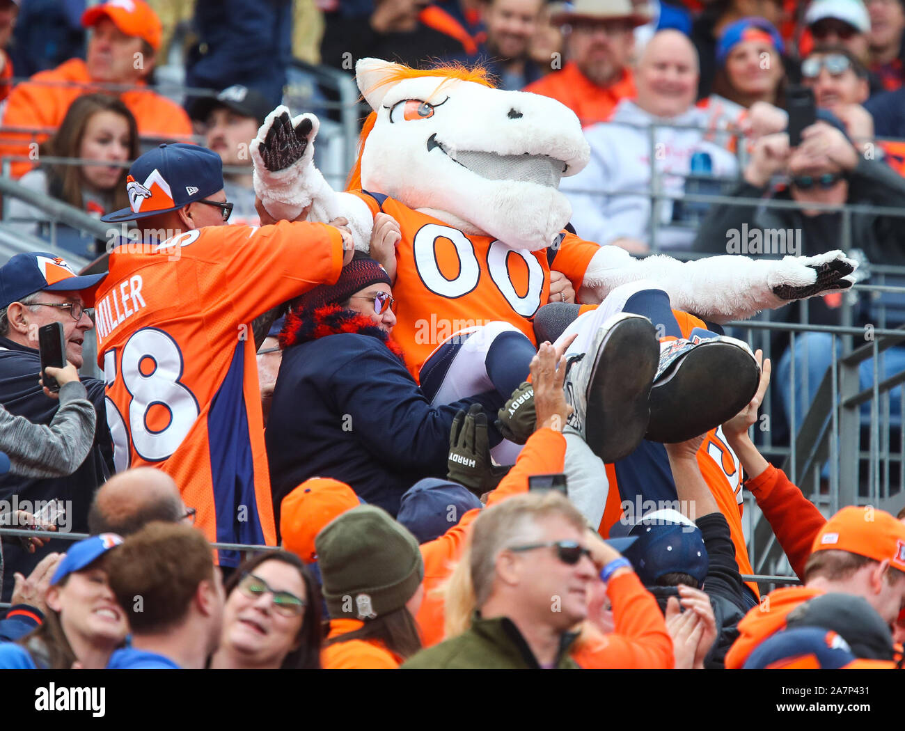 Denver, CO, USA. 03rd Nov, 2019. Denver Broncos mascot Miles has fun being passed through the crowd in the first half of the game between Denver and Cleveland at Empower Field in Denver, CO. Derek Regensburger/CSM/Alamy Live News Stock Photo