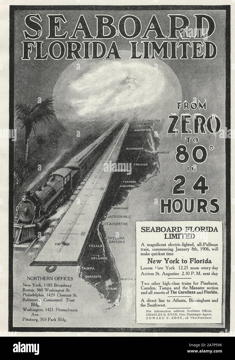 Advertisement for Seaboard Florida Limited - From Zero to 80 Degrees in 24 Hours, circa 1905 Stock Photo