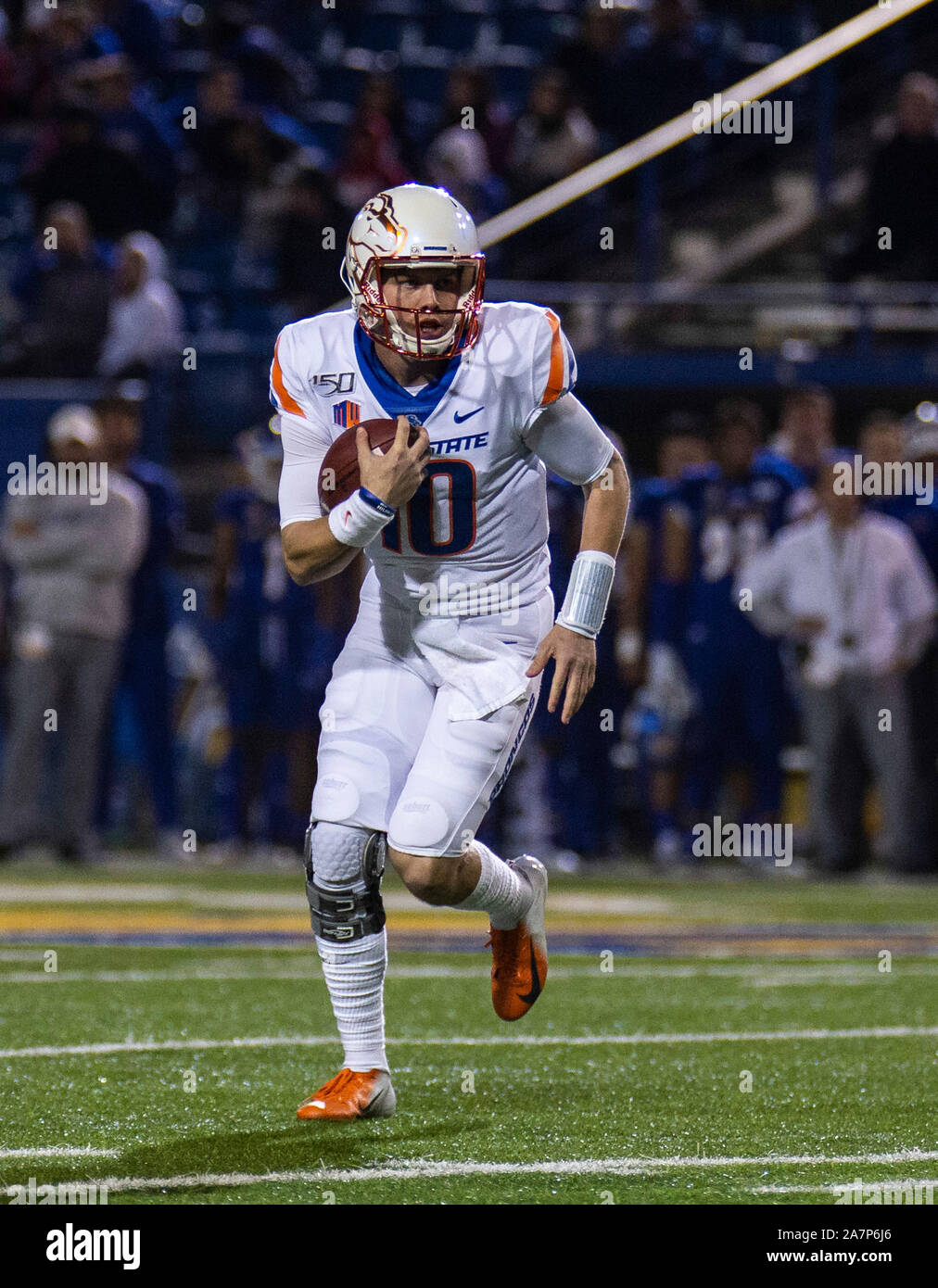 CEFCU Stadium San Jose, CA. 02nd Nov, 2019. San Jose, CA Boise State quarterback Chase Cord (10) runs with the ball and scored during the NCAA Football game between Boise State Broncos and the San Jose State Spartans 52-42 win at CEFCU Stadium San Jose, CA. Thurman James/CSM/Alamy Live News Stock Photo