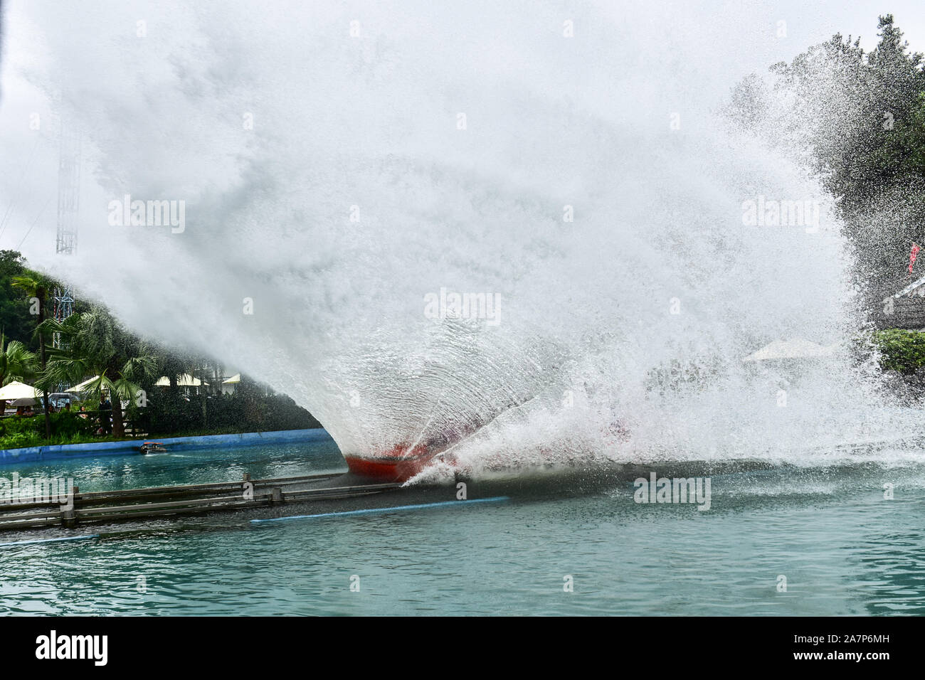 A rollar coaster with passengers is ''surfing'' in Guilin Merryland Theme Part in Guilin city, south China's Guangxi Zhuang Autonomous Region, 25 Augu Stock Photo