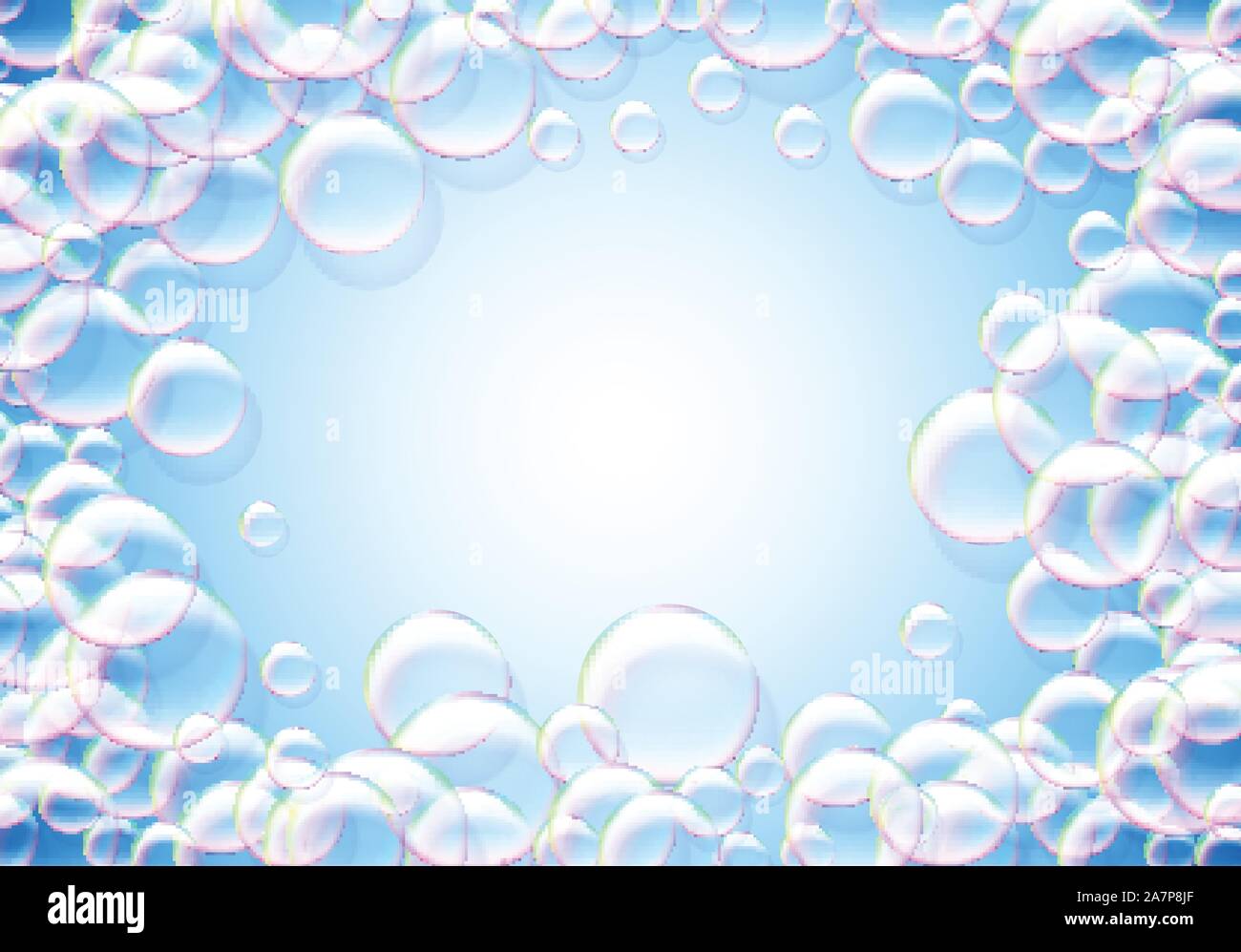 Soap bubbles abstract blue background with rainbow colored airy foam ...