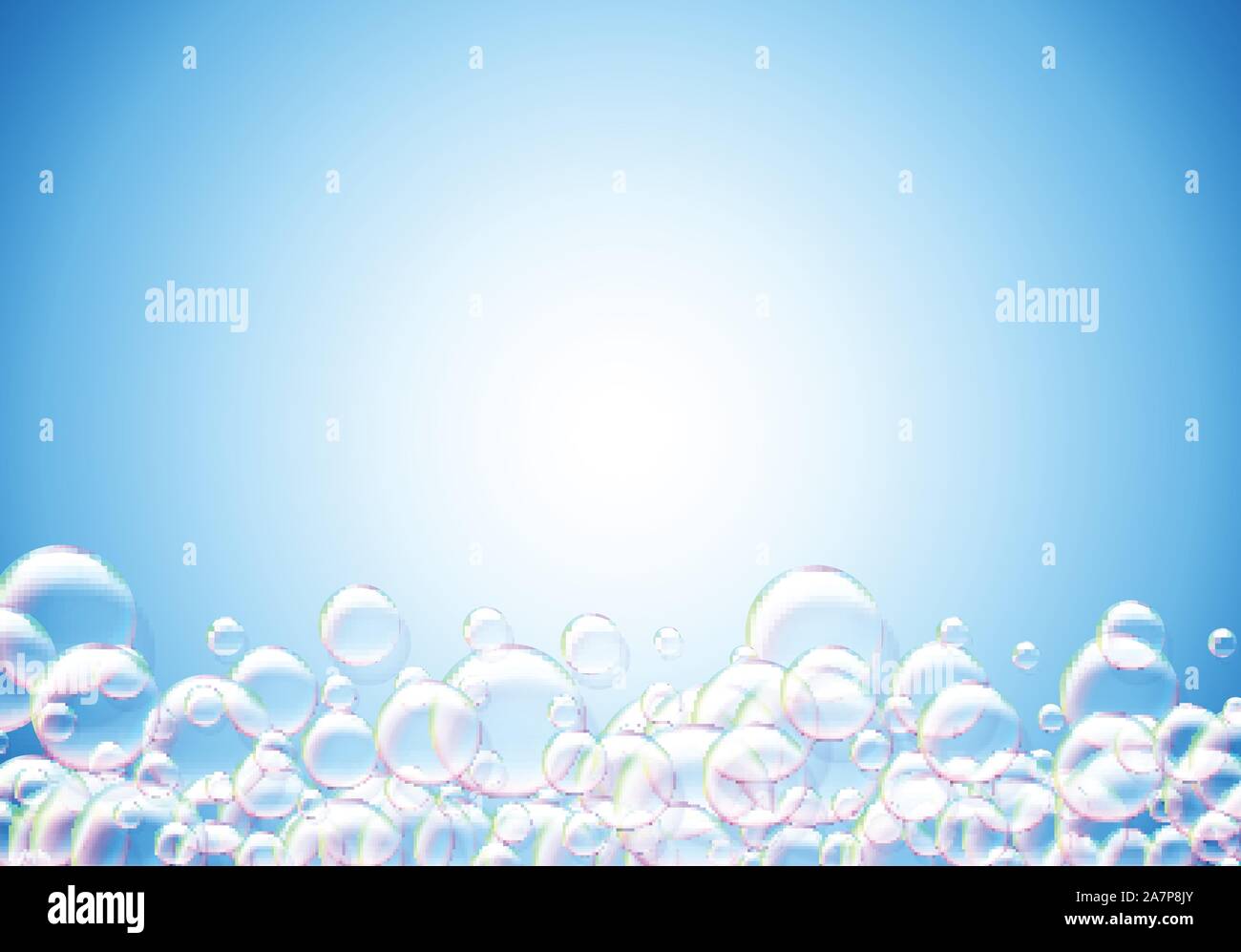 Soap bubbles abstract blue background with rainbow colored airy foam ...
