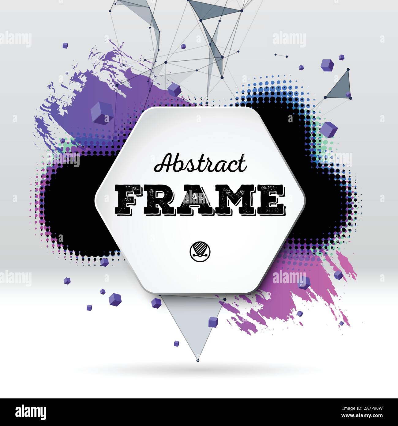 Background with brush stroke, blot, triangular grid and frame Stock Vector