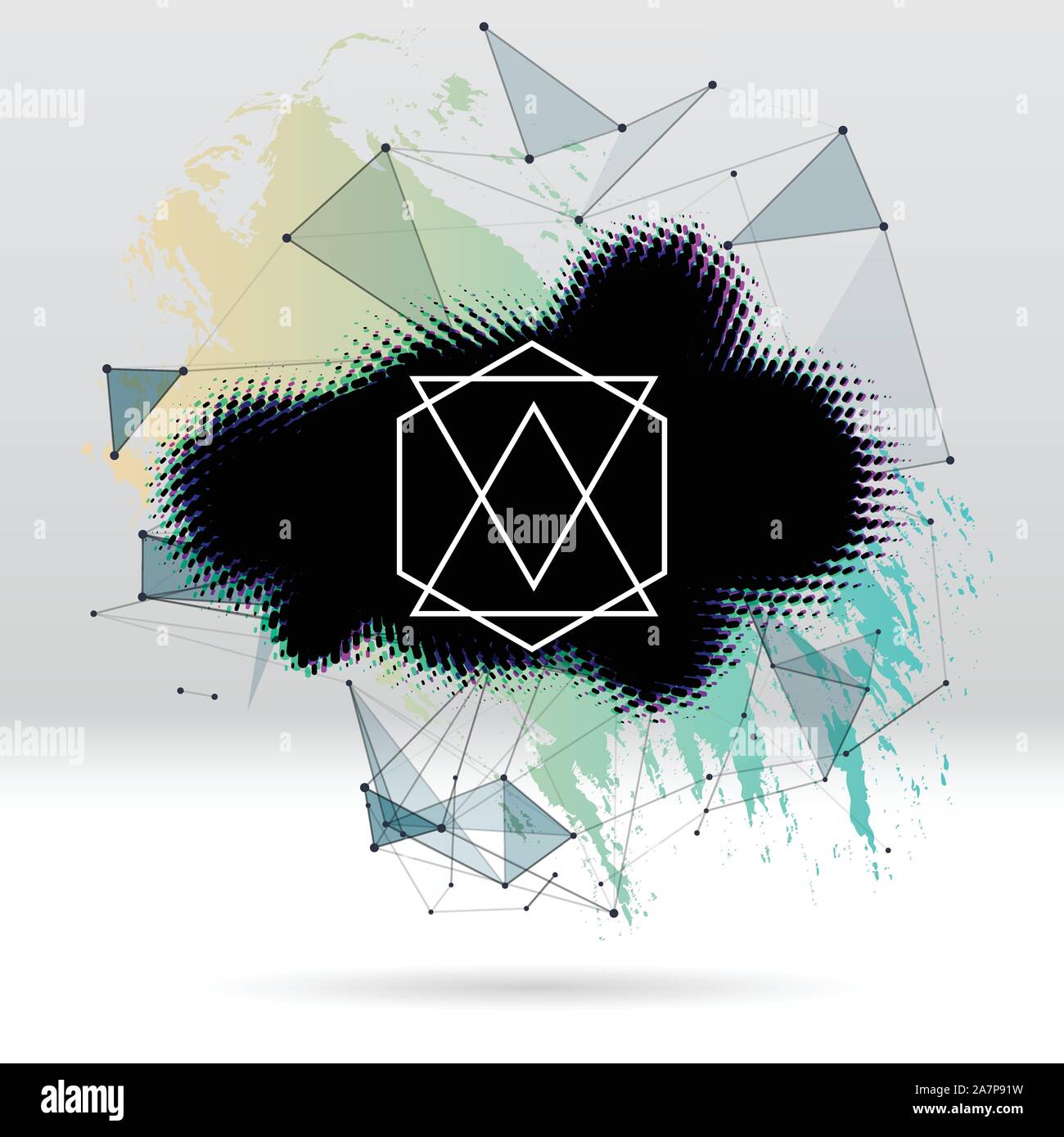 Background with brush stroke, blot, triangular grid and label Stock Vector