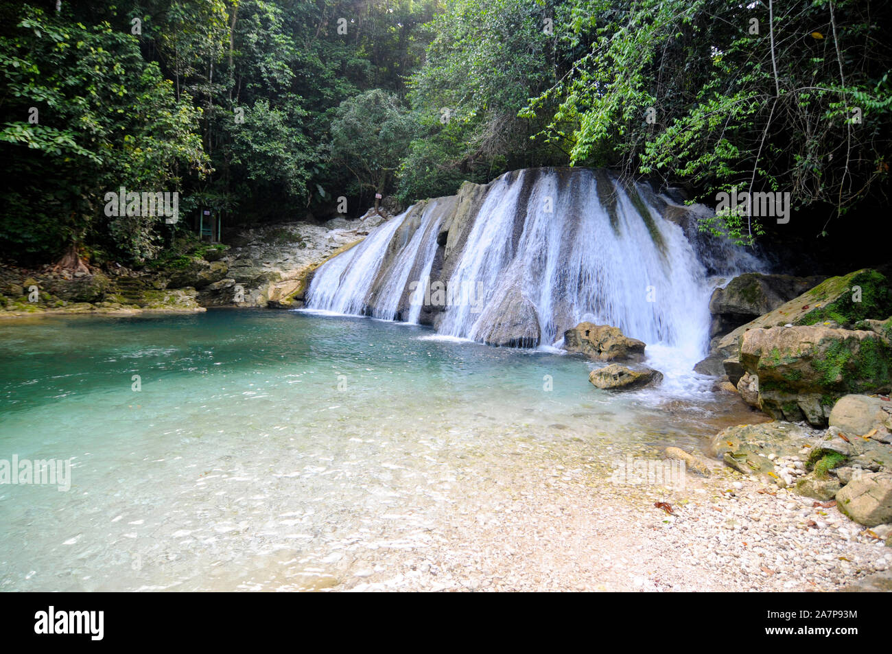 View on the beautiful Rech Falls near Manchioneal Village in Jamaica. This waterfalls are one of the most visited touristic attraction in Portland Stock Photo