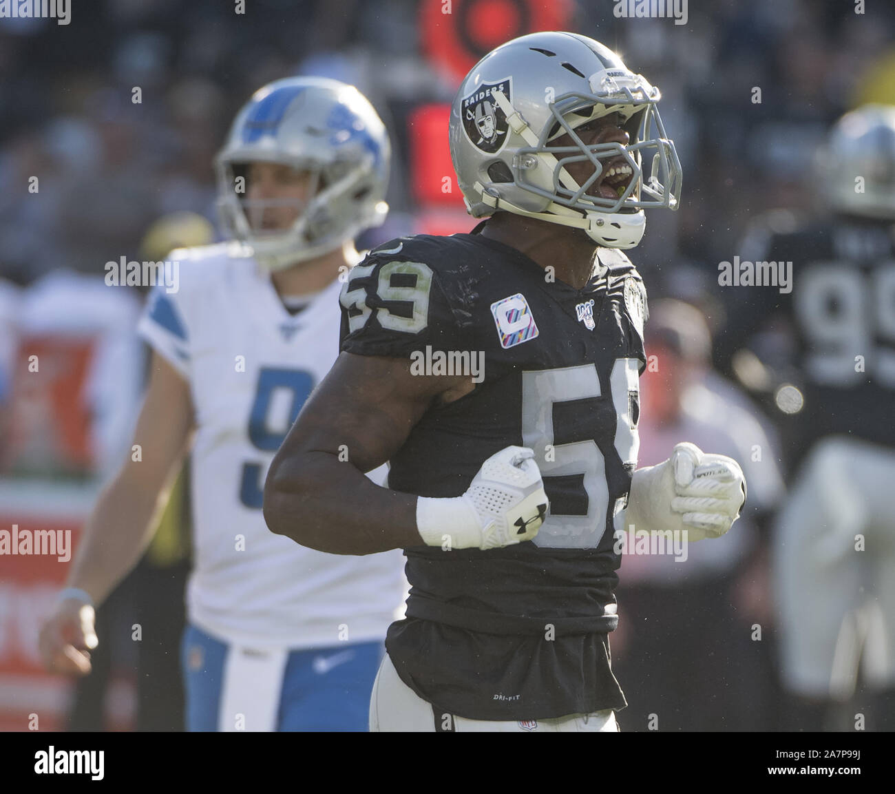 Dec 18, 2011; Oakland, CA, USA; Detroit Lions quarterback Matthew Stafford  (9) celebrates after the game against the Oakland Raiders at O.co Coliseum.  Detroit defeated Oakland 28-27 Stock Photo - Alamy