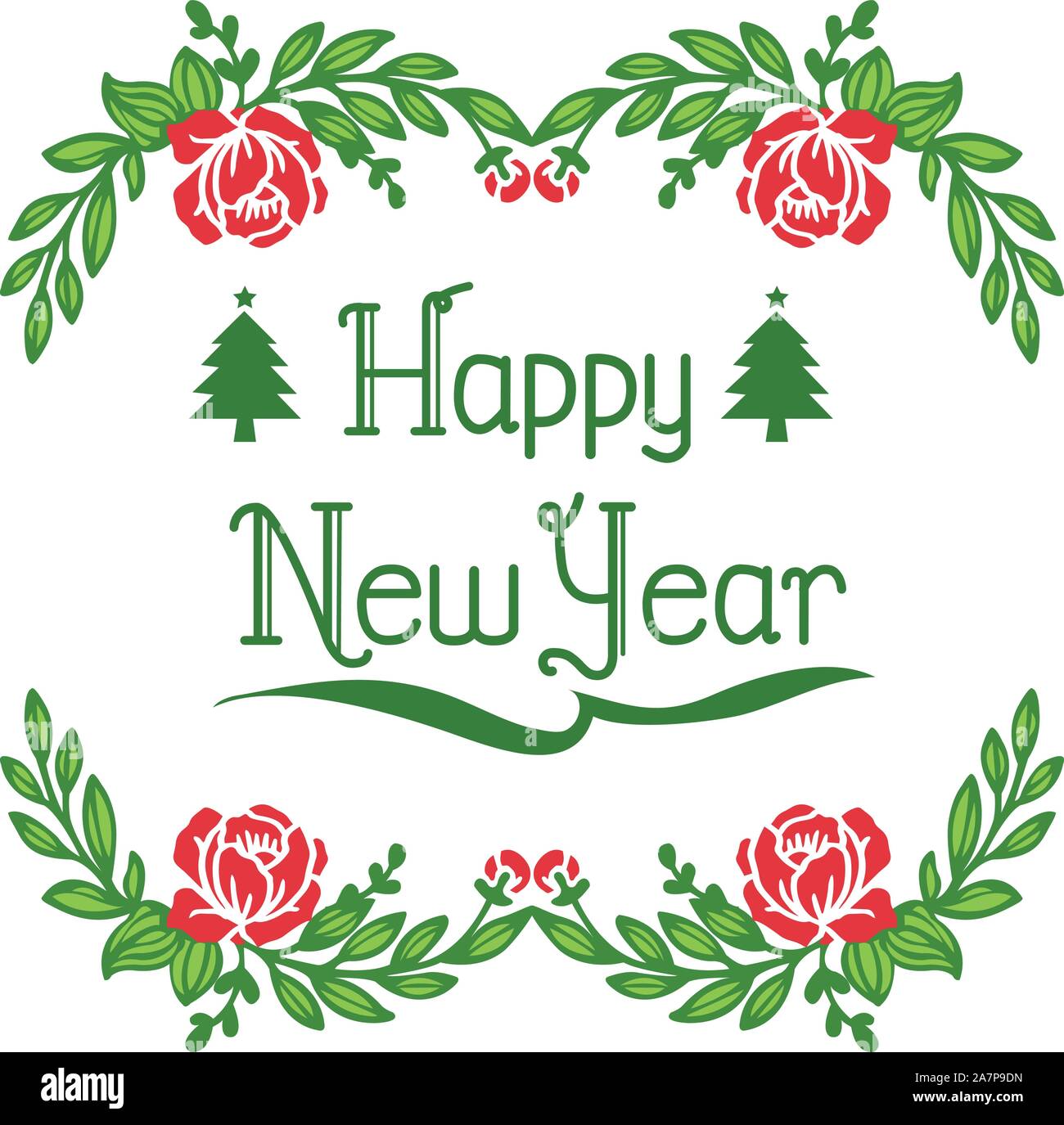 Poster ornament happy new year with seamless red flower frame drawing ...