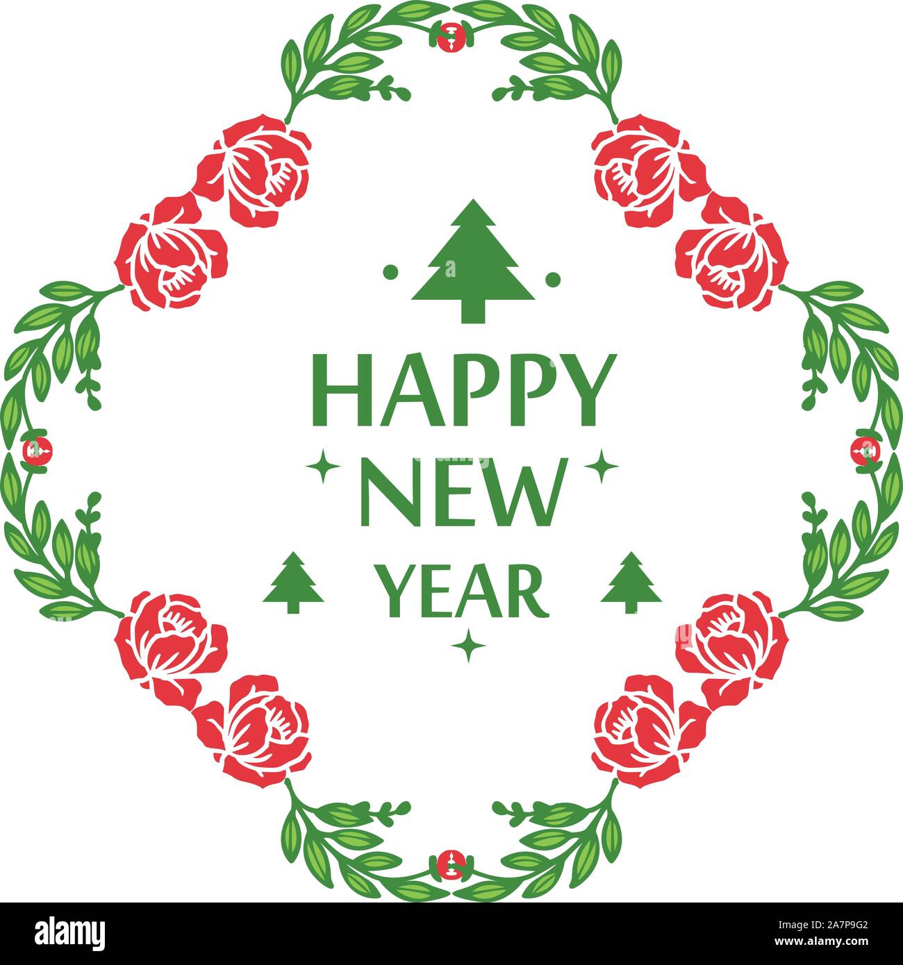 Poster ornament happy new year with seamless red flower frame drawing ...