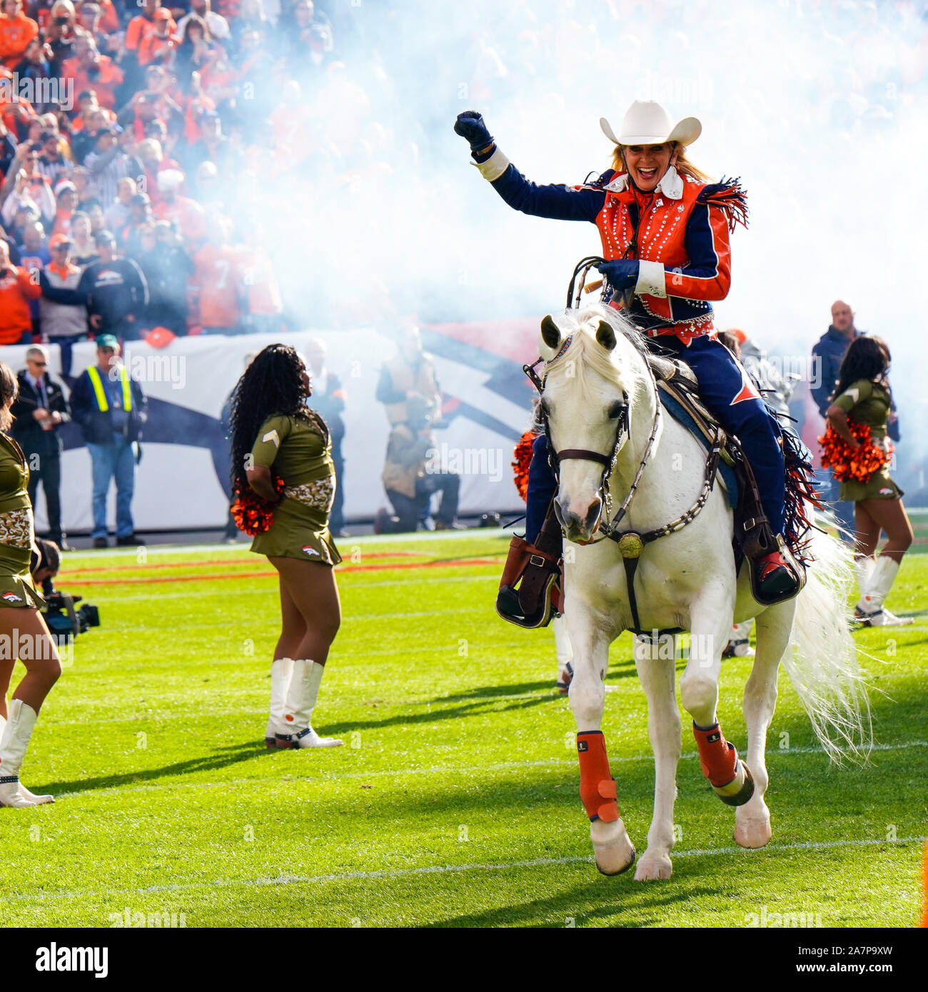 November 03, 2019: Denver Broncos mascot Thunder runs on the field before the game between Denver and Cleveland at Empower Field in Denver, CO. Denver hung on to win 24-19 to improve to 3-6. Derek Regensburger/CSM. Stock Photo