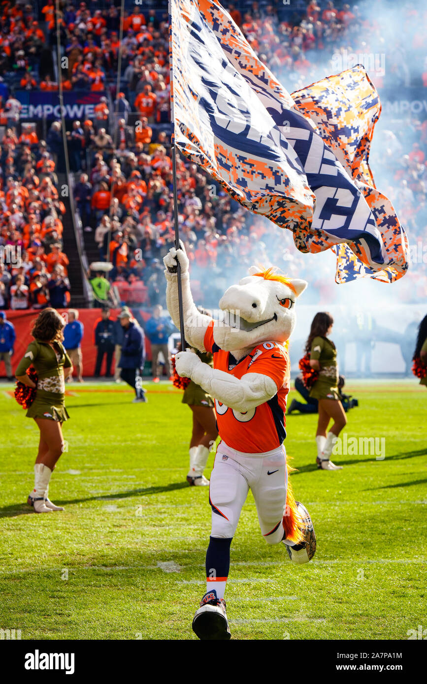 November 03, 2019: Denver Broncos mascot Miles runs on the field before the game between Denver and Cleveland at Empower Field in Denver, CO. Denver hung on to win 24-19 to improve to 3-6. Derek Regensburger/CSM. Stock Photo