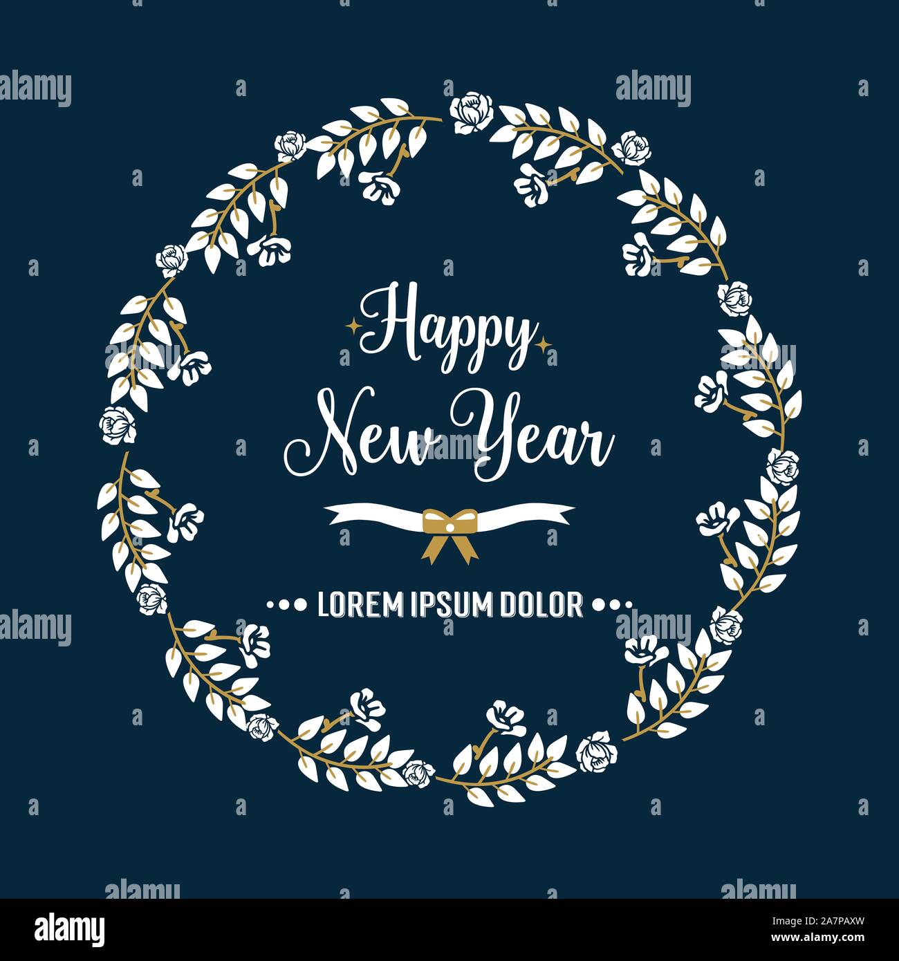 Card template happy new year with white leaf flower frame, isolated on ...