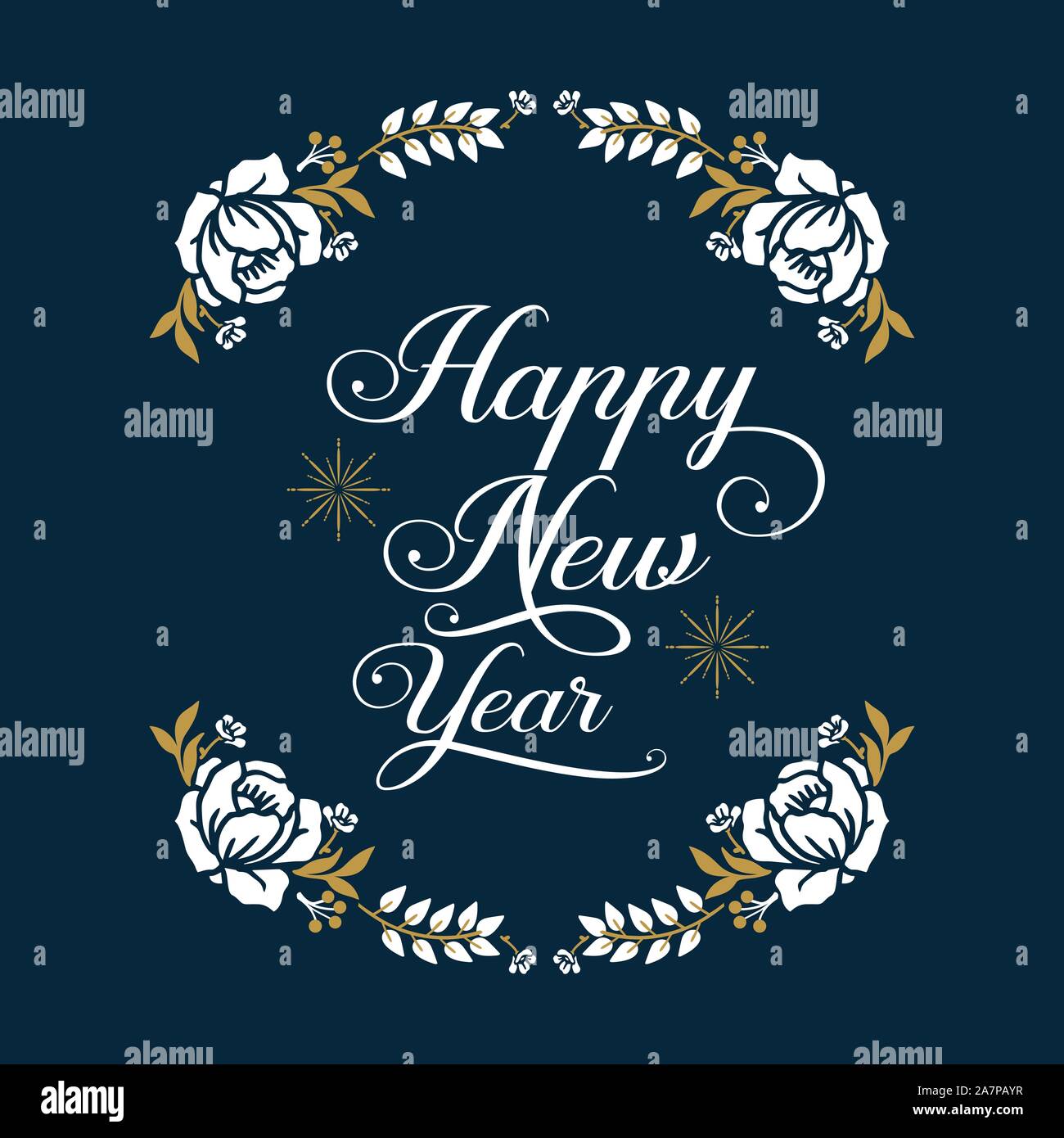 Card template happy new year with white leaf flower frame, isolated on ...