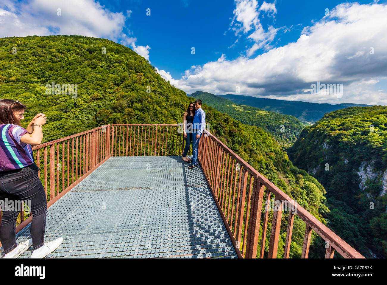 Martvili , Georgia - August 10, 2019 :  tourists people on the Martvili Canyon bridge landmark of Samegrelo-Zemo Svaneti region Stock Photo