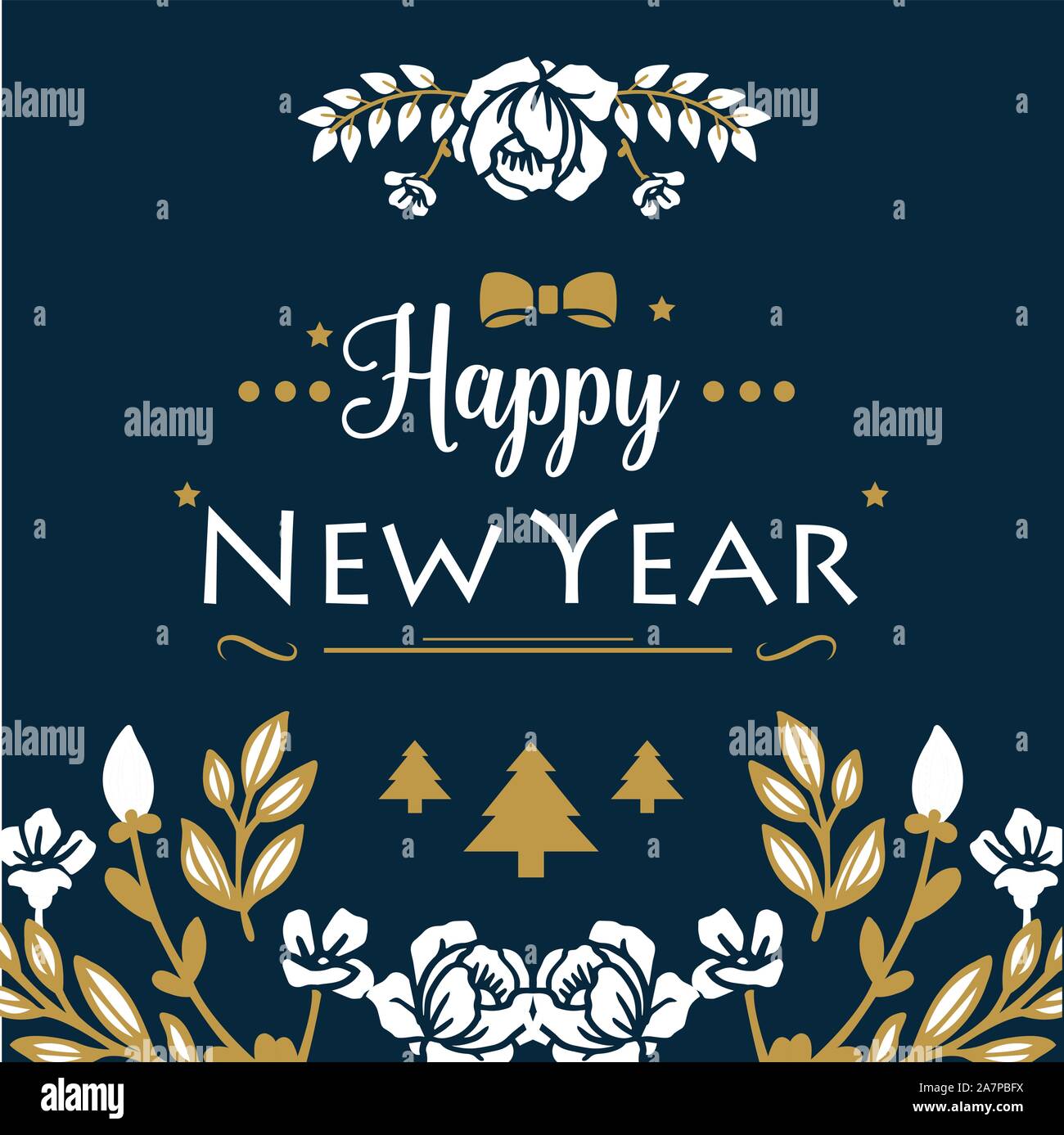 Lettering happy new year background, with nature white flower frame ...