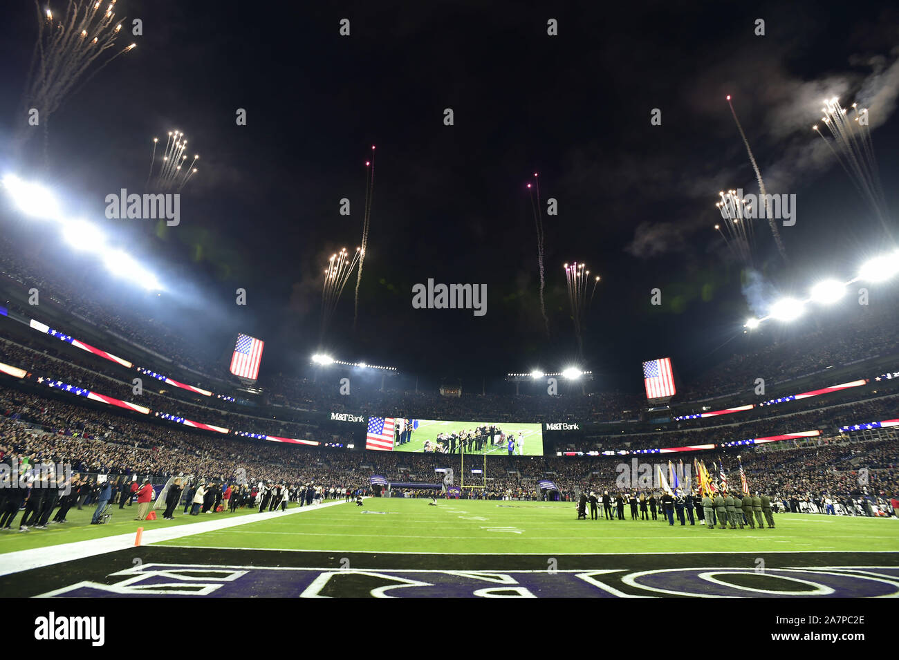 Baltimore, United States. 03rd Nov, 2019. Fireworks ignite during the National Anthem before the Baltimore Ravens face the New England Patriots at M&T Bank Stadium in Baltimore, Maryland, Sunday, November 3, 2019. Photo by David Tulis/UPI Credit: UPI/Alamy Live News Stock Photo