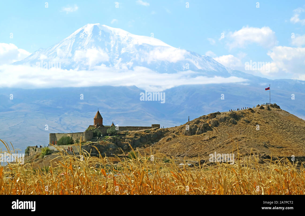 Stunning View of Khor Virap Monastery with Mount Ararat in Background, Pokr Vedi village, Armenia Stock Photo