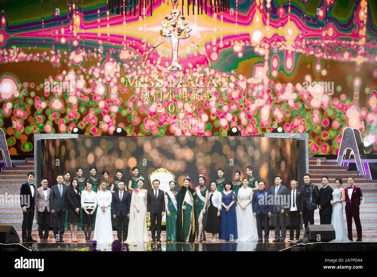 Contestants pose during the 2019 Miss Macau Pageant contest in Macau