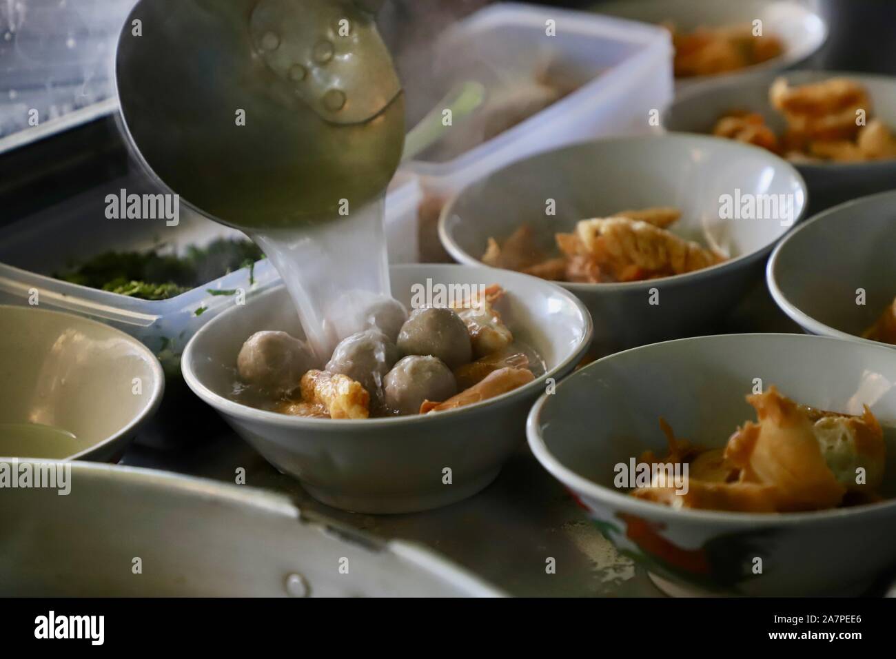 Bakso Cuanki. Meatball and fried wonton soup from Bandung, West Java. Stock Photo