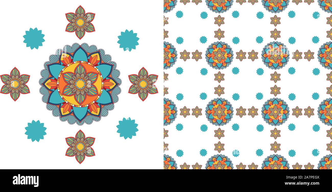 Seamless design with colorful mandalas pattern illustration Stock ...