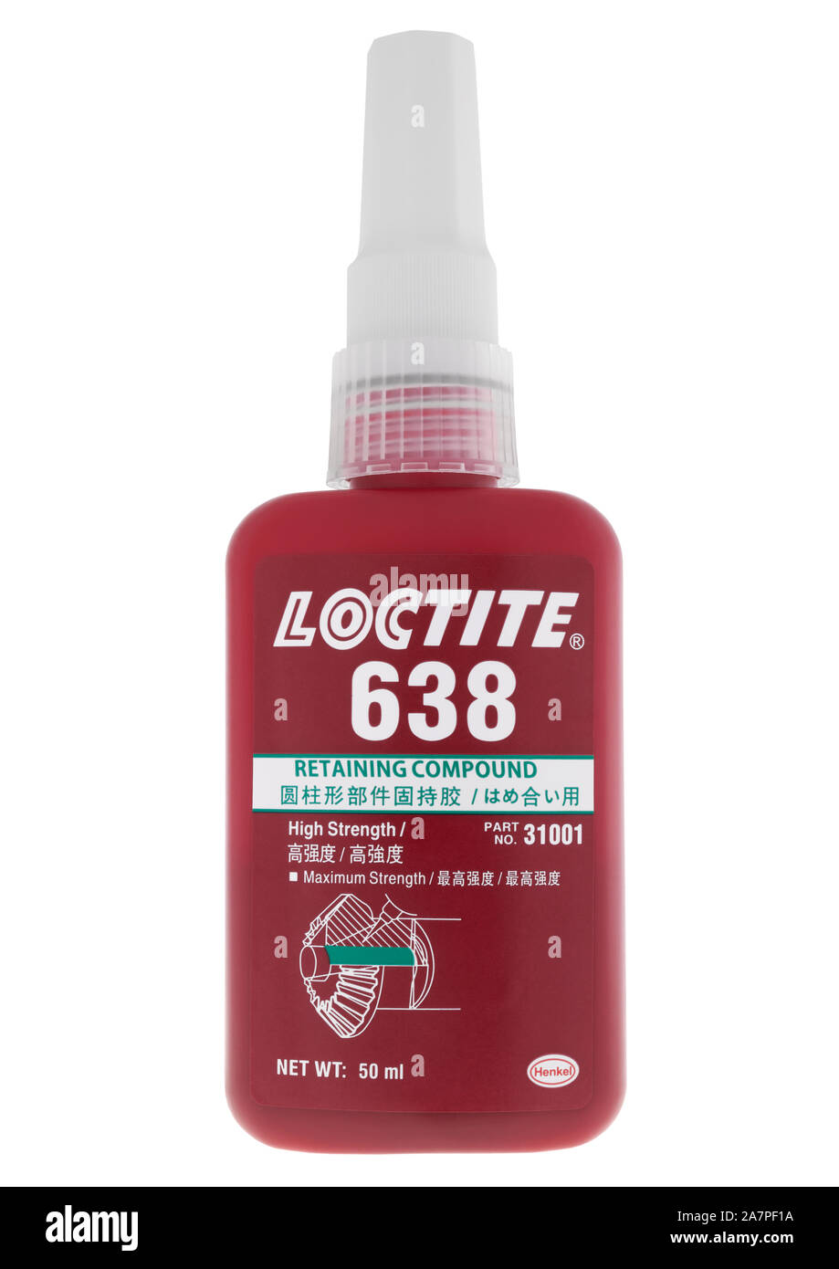 Bottle of Loctite 638 retaining compound on white background Stock