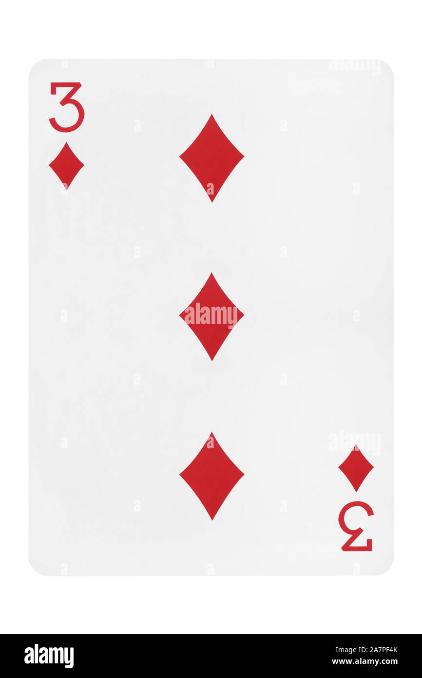 Three of diamonds playing card on white background Stock Photo - Alamy