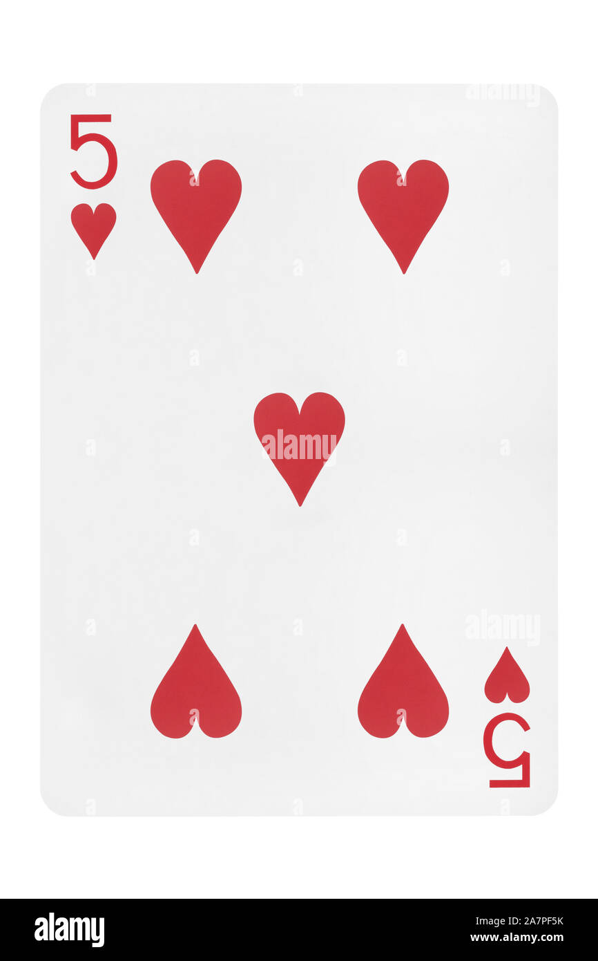 Five of hearts playing card on white background Stock Photo - Alamy