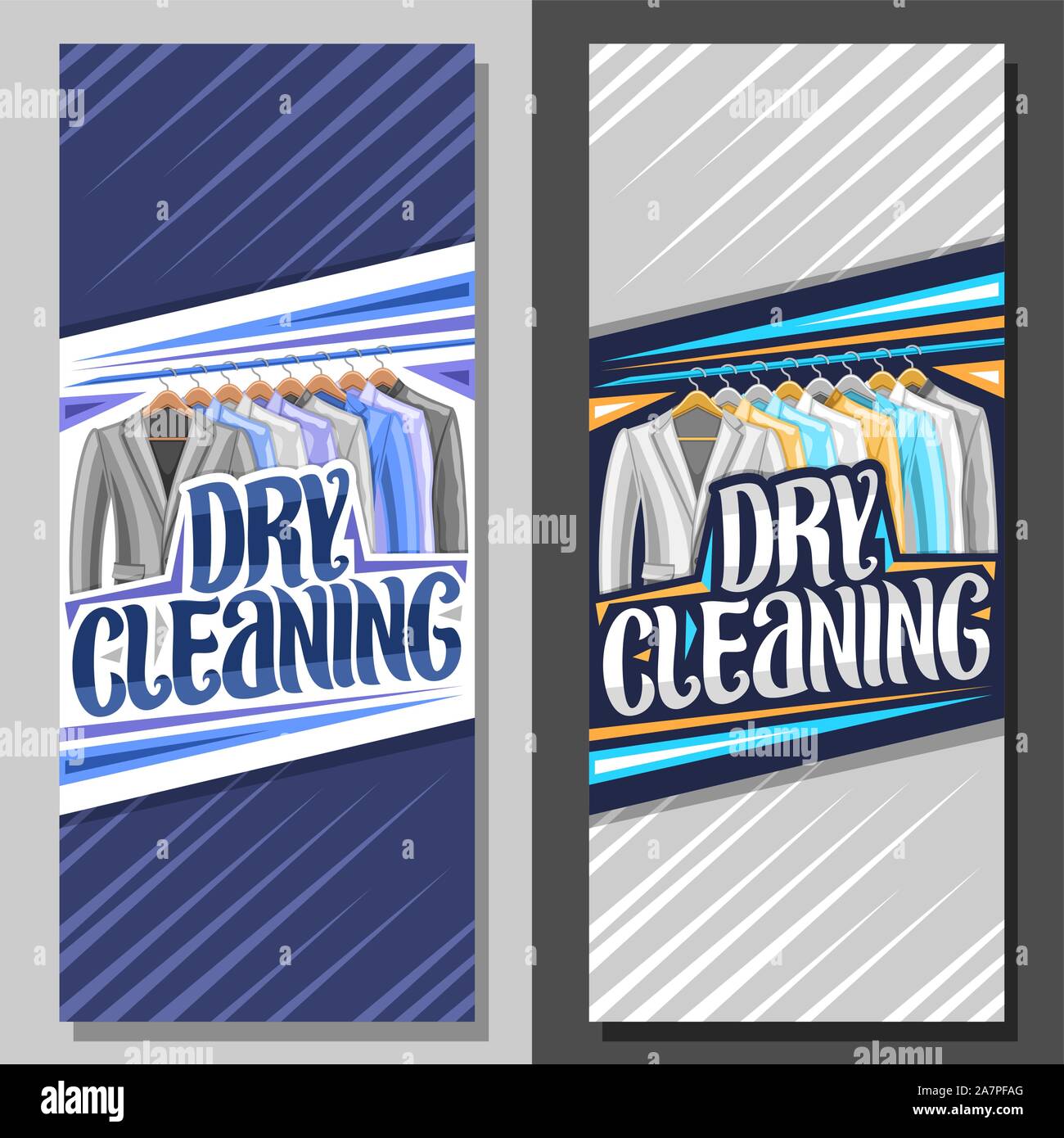Vector banners for Dry Cleaning, blue leaflet with illustration of modern blazers and colorful shirts hanging on hanger, original brush lettering for Stock Vector