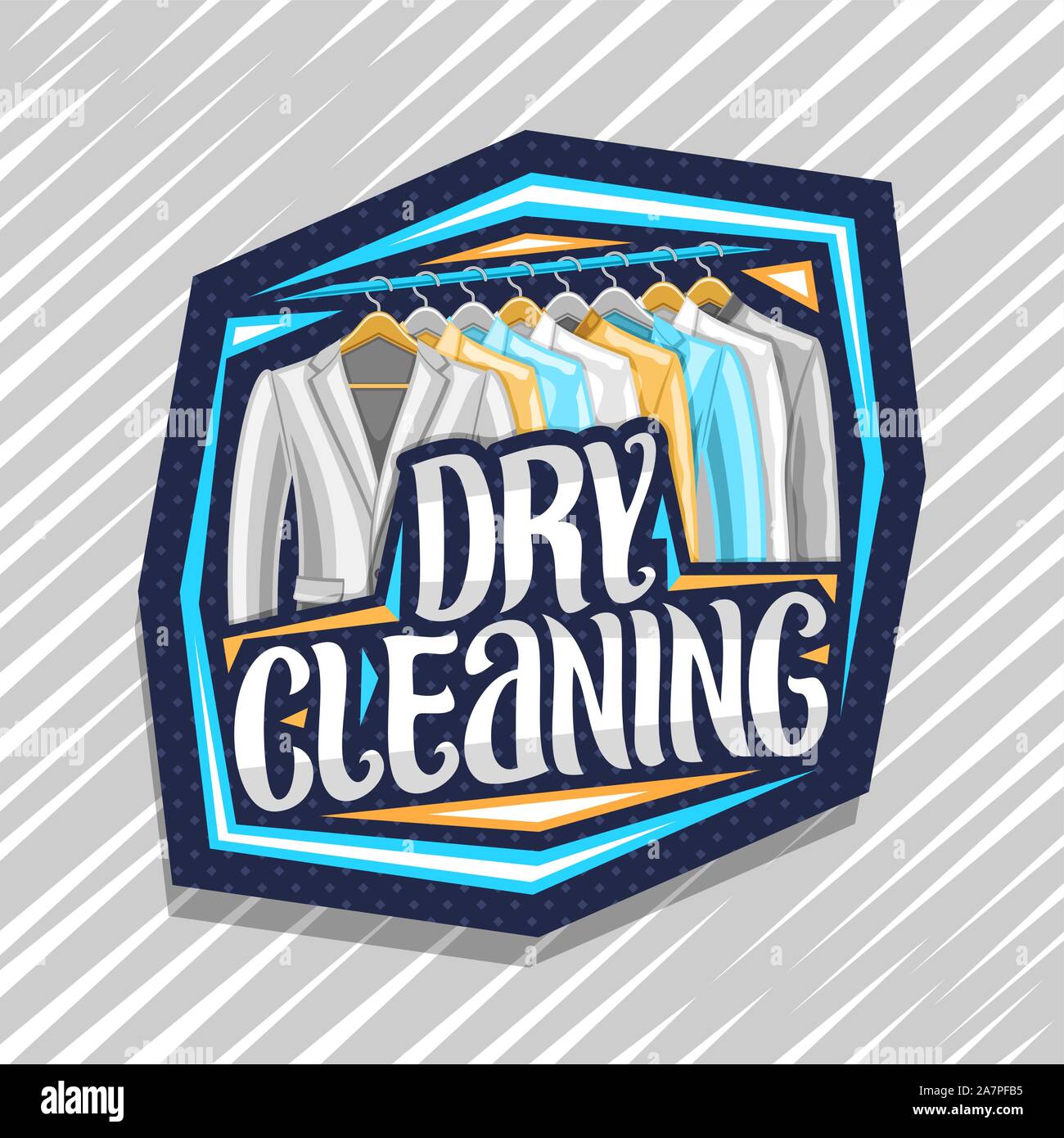 Vector logo for Dry Cleaning, blue decorative signboard with illustration of modern blazers and shirts hanging on hanger, original brush typeface for Stock Vector