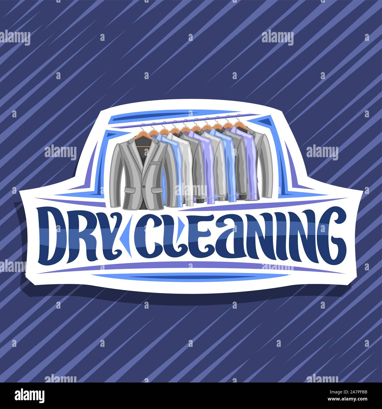 Vector logo for Dry Cleaning, white decorative tag with illustration of modern blazers and colorful shirts hanging on hanger, original brush lettering Stock Vector