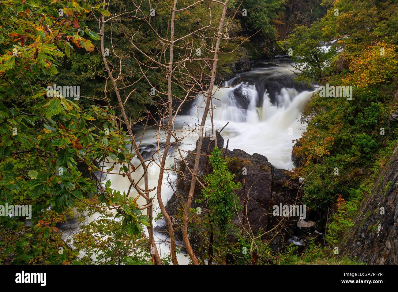 Waterfall on the Afon Llugwy river at Capel Curig, Snowdonia, North Wales Stock Photo