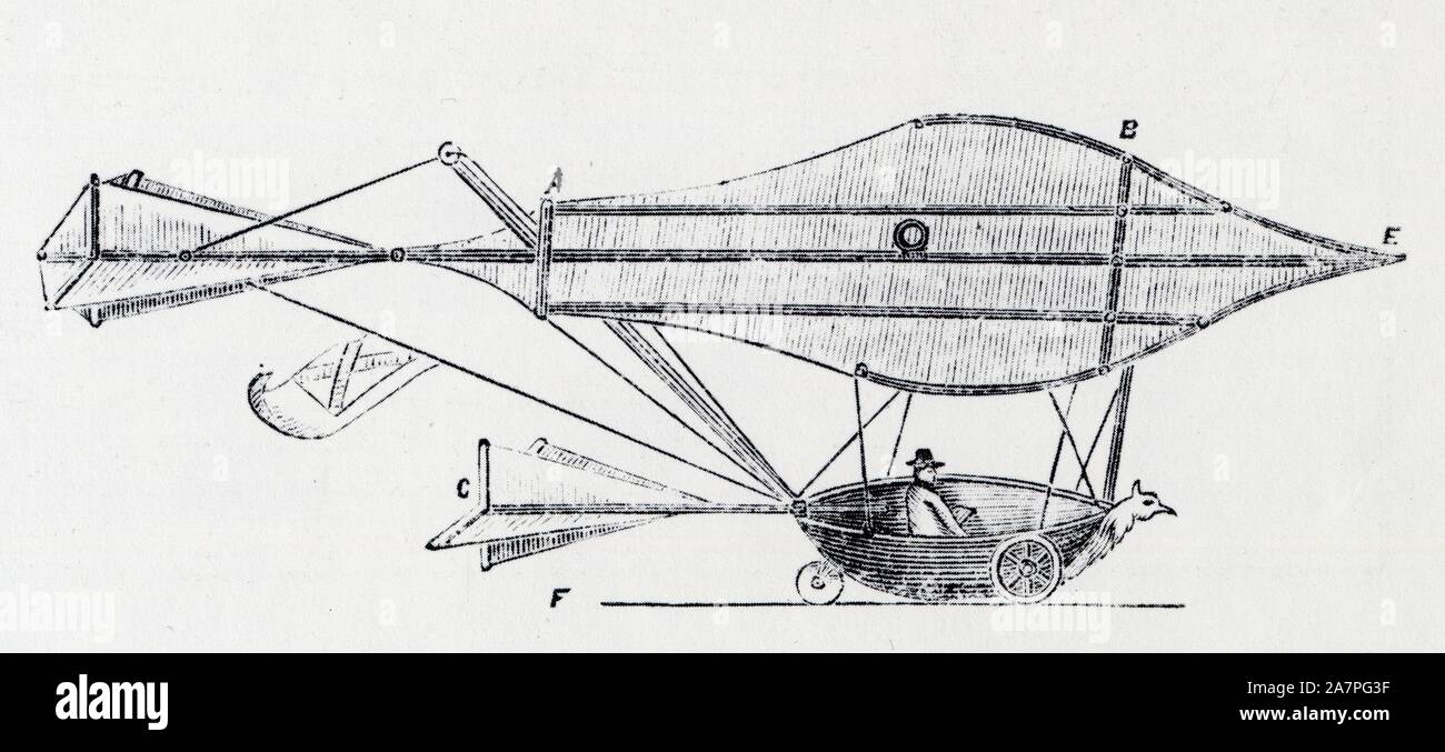 Schémas d'un planeur de Cayley avec pilote baptisé parachute dirigeable.1852. Stock Photo