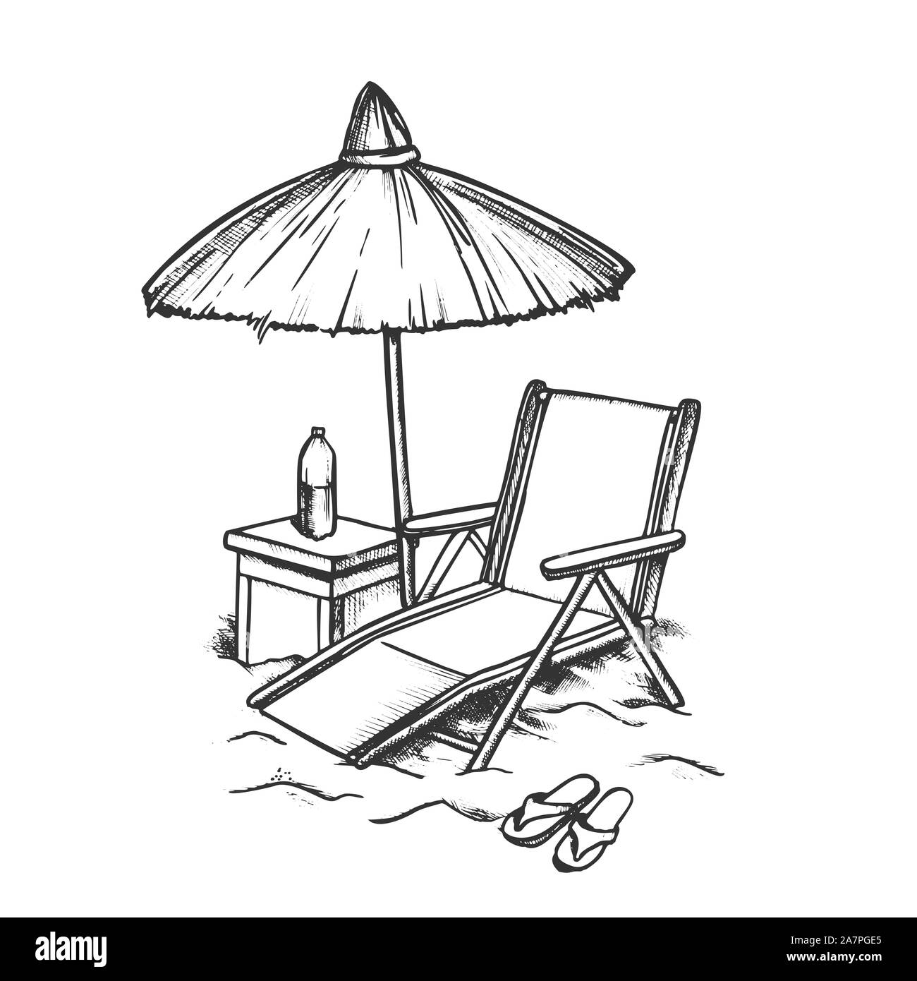 Beach Chair With Straw Umbrella Monochrome Vector Stock Vector Image ...