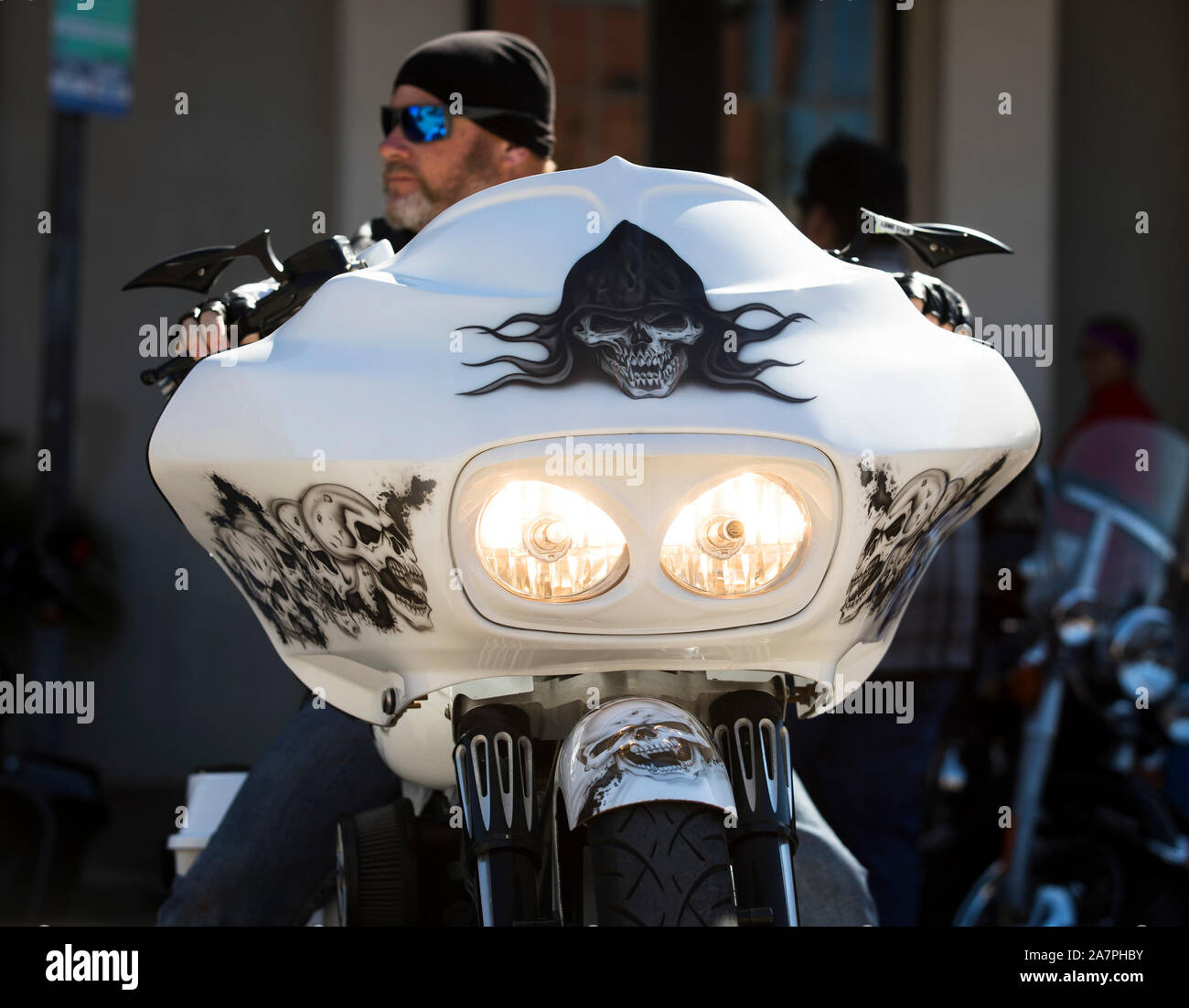 Houston, USA. 3rd Nov, 2019. A motorcyclist parks his skeleton-themed bike at the Lone Star Rally in downtown Galveston, Texas, the United States, on Nov. 3, 2019. The annual Lone Star Rally is one of the most attended events in Galveston. Credit: Yi-Chin Lee/Xinhua/Alamy Live News Stock Photo
