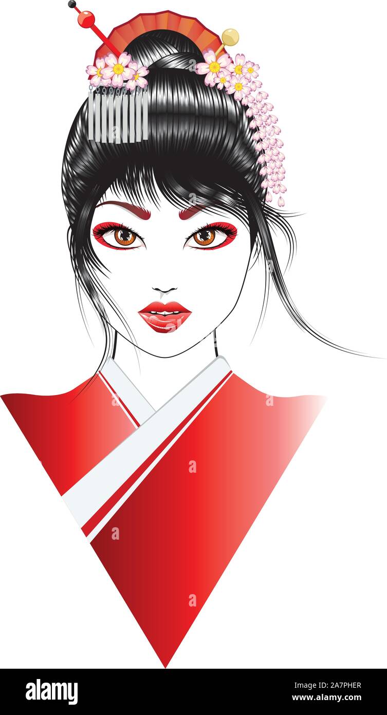 Cartoon Oriental Girl With Black Hair Asian Hairstyle Stock