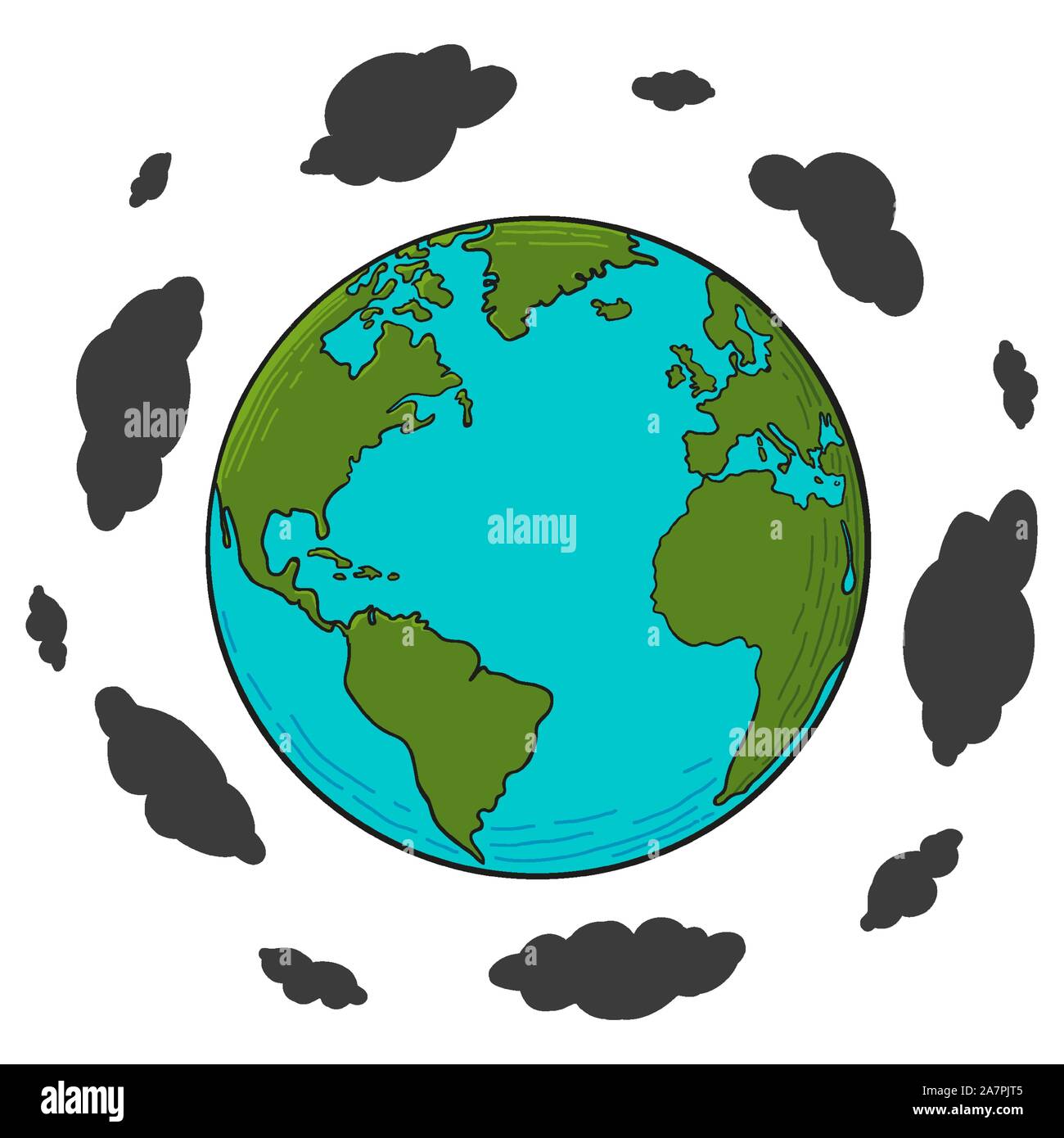 Air Pollution Concept Illustration with Hand Drawn Vector Earth .Black Clouds Spinning Around The World. Stock Vector