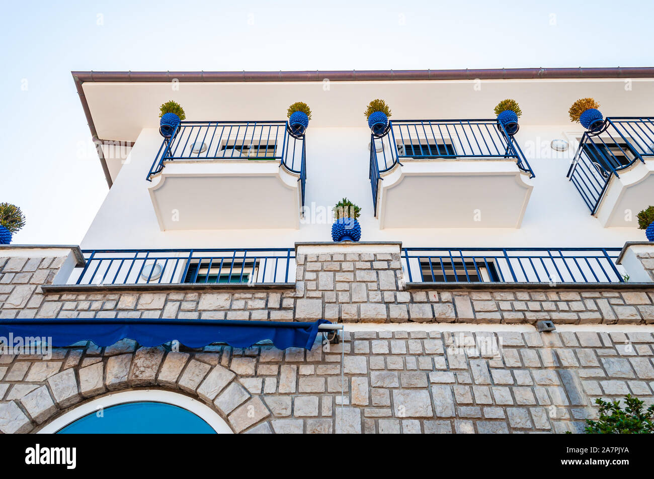 Vico Equense, Naples, Italy September 05, 2019 Traditional white and blue facades of the