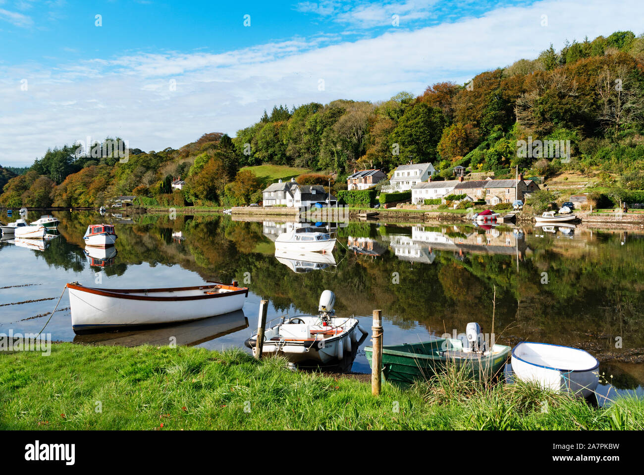 sunny autumn day by the river at lerryn in cornwall, england Stock Photo