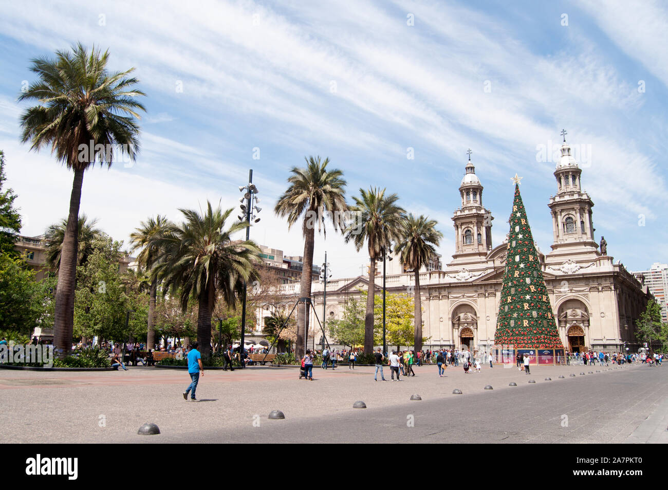 SANTIAGO, CHILE -  Plaza de Armas  is the main square of Santiago. Christams tree and people walking in the square. Stock Photo