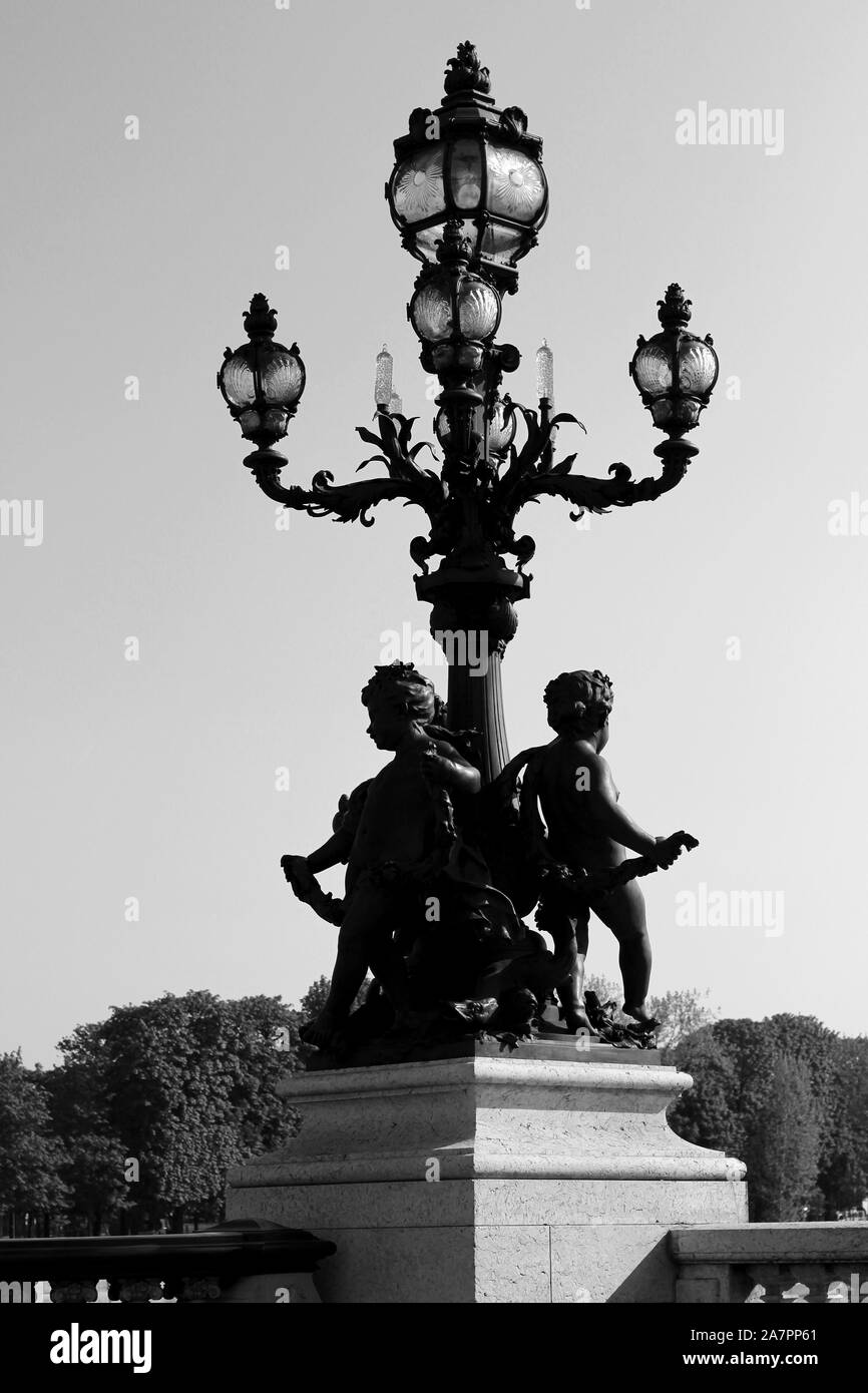 The Pont Alexandre III Lantern. Parisian Architecture Cityscape. Attraction Places of Paris, France. Stock Photo