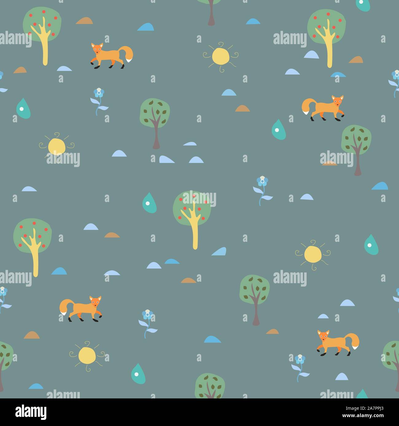 Seamless Pattern with orange foxes and trees on green. Vector Illustration Stock Vector