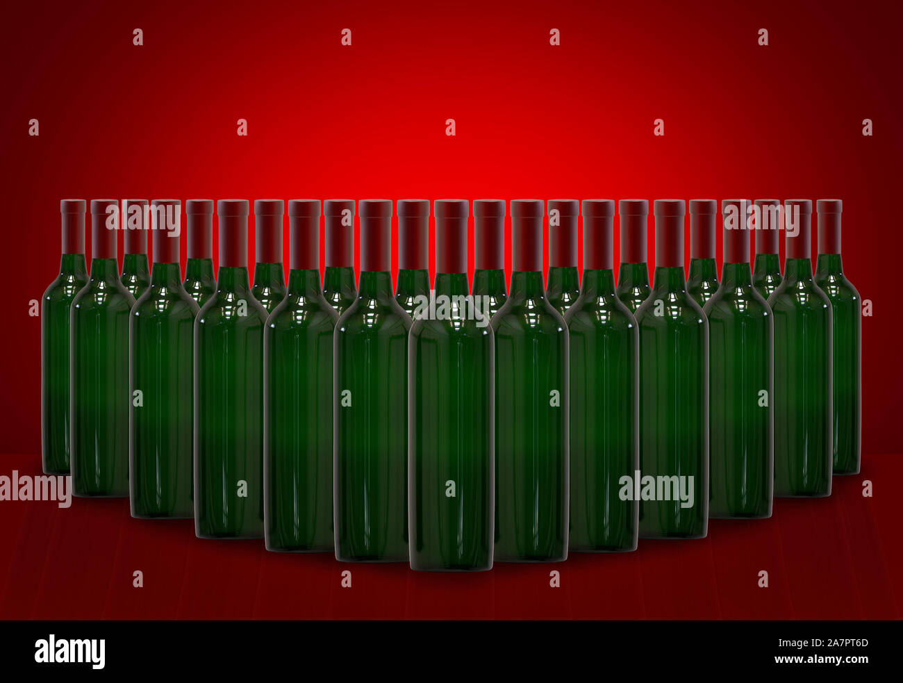 3d rendering. Green bottle of red wine row on red gradient wall background. Stock Photo
