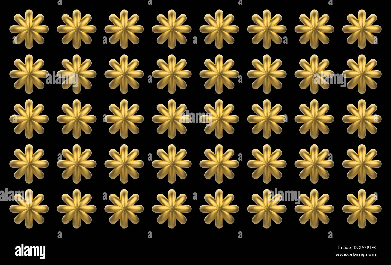 3d rendering. Gloden Six pointed star flower shape pattern on black wall background. Stock Photo