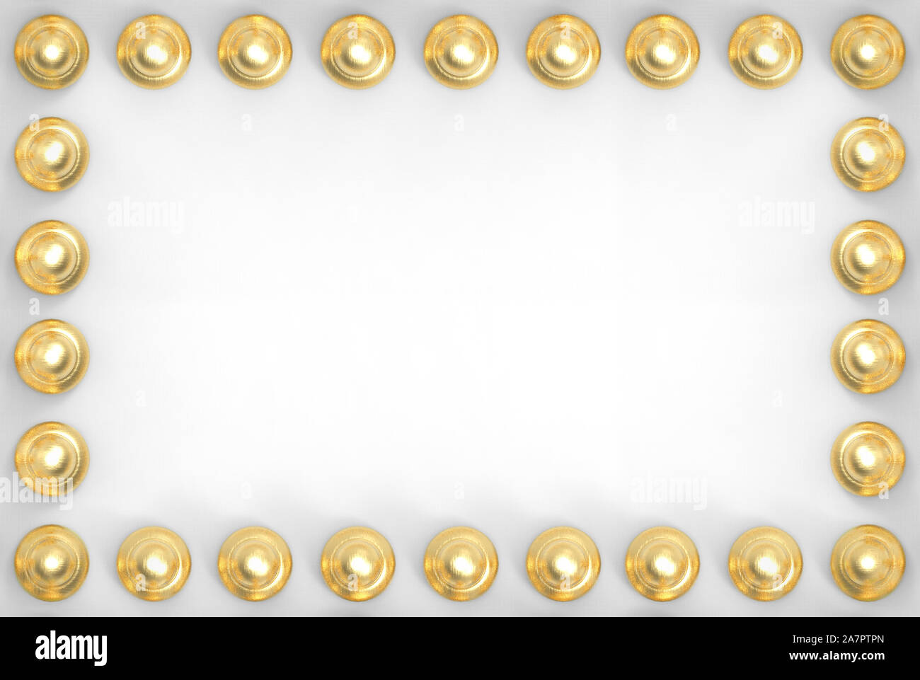 3d rendering. Golden circular button row on white paper board wall background. Stock Photo