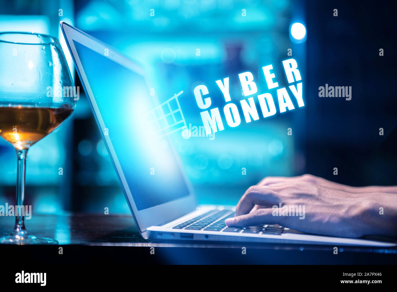 Businessman With Cyber Monday Advert On The Laptop Screen On The