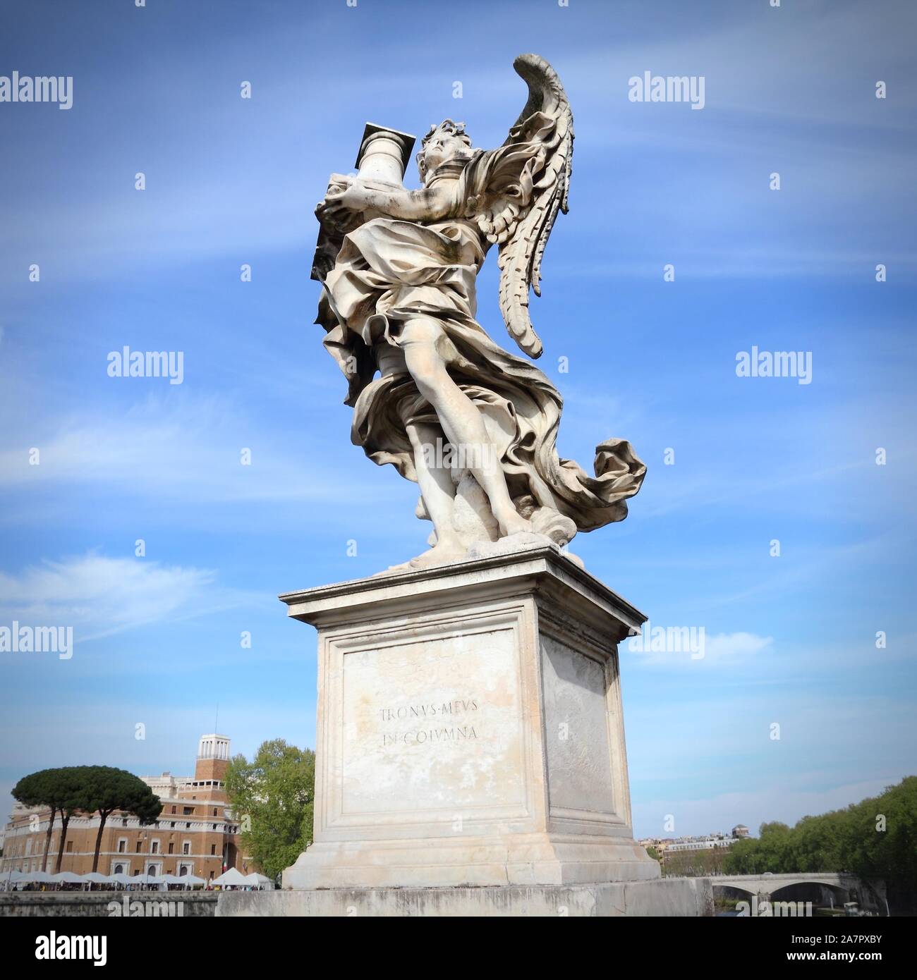 Angel in Rome, Italy. One of the angels at famous Ponte Sant' Angelo bridge. Baroque sculpture by Antonio Raggi. Square composition. Stock Photo