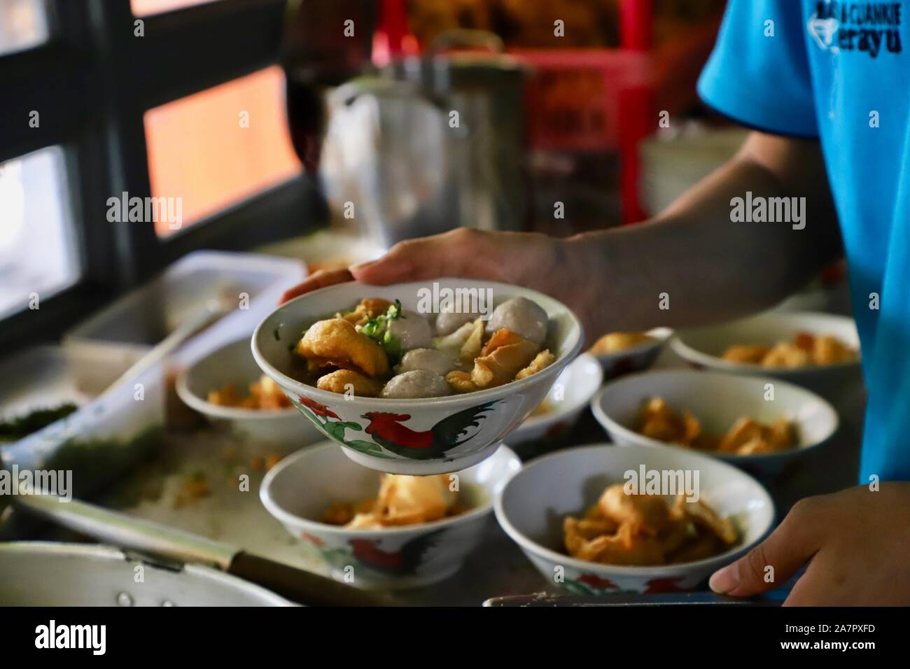 Bakso Cuanki. Meatball and fried wonton soup from Bandung, West Java. Stock Photo