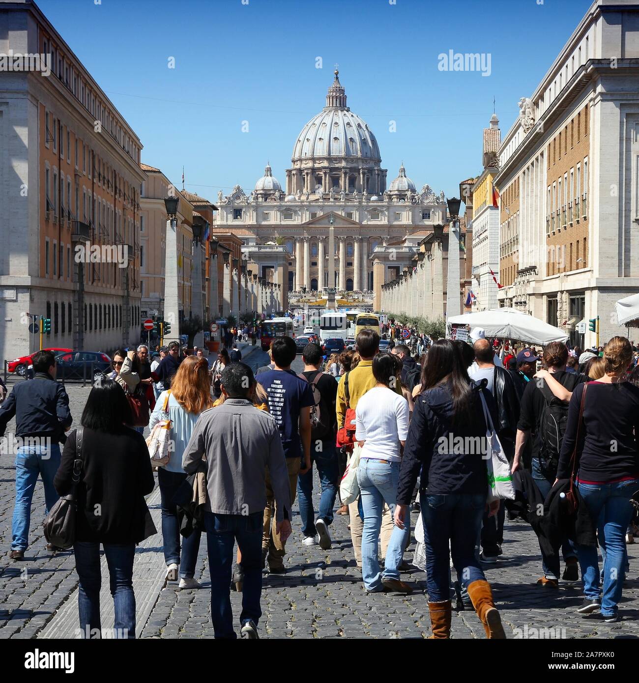 ROME, ITALY - APRIL 10, 2012: Tourists walk towards Vatican in Rome. According to Euromonitor, Rome is the 3rd most visited city in Europe (5.5m inter Stock Photo